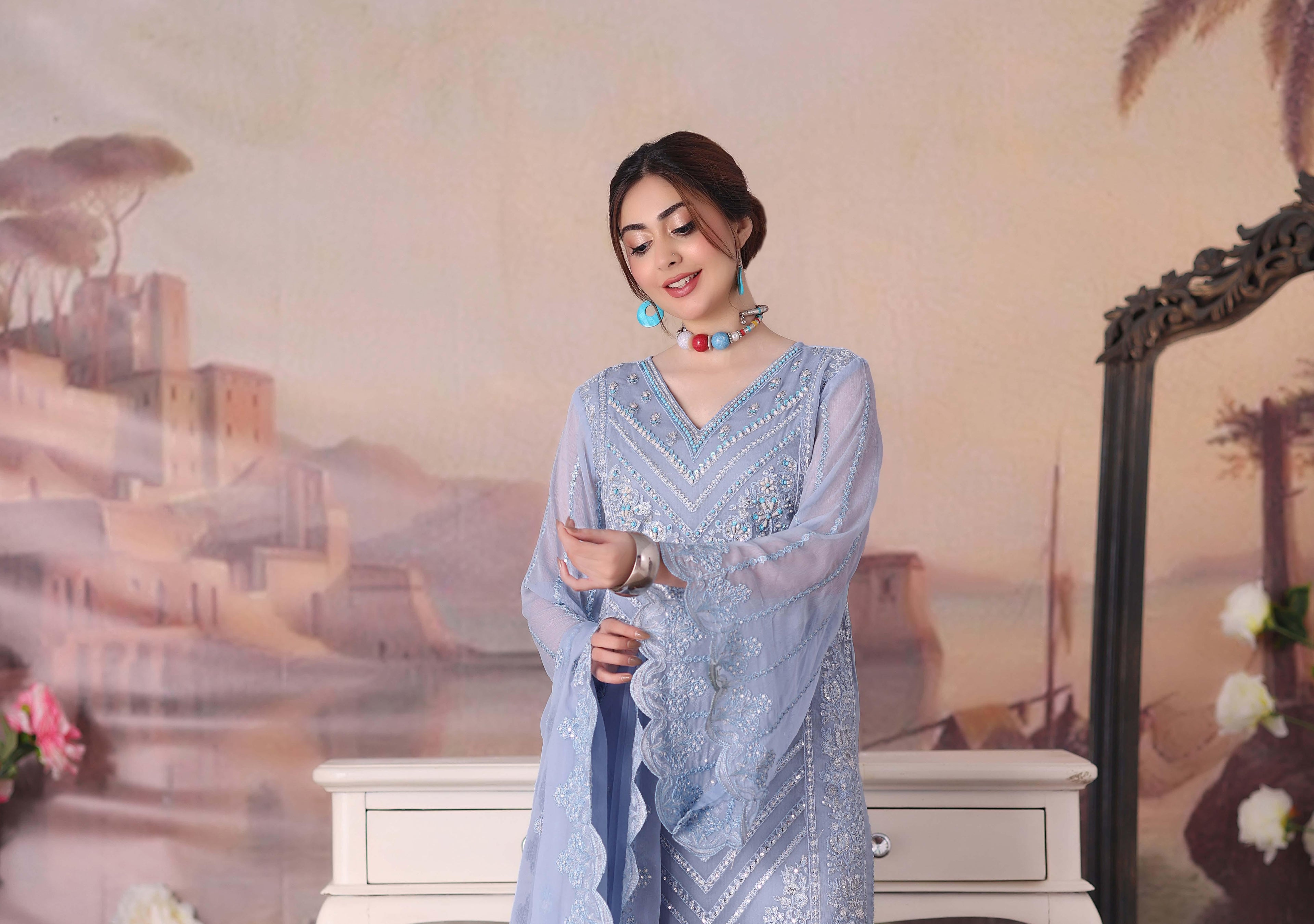 ZRP-7227 Luxury Premium Chiffon Embroidered | Unstitched Blue Haze