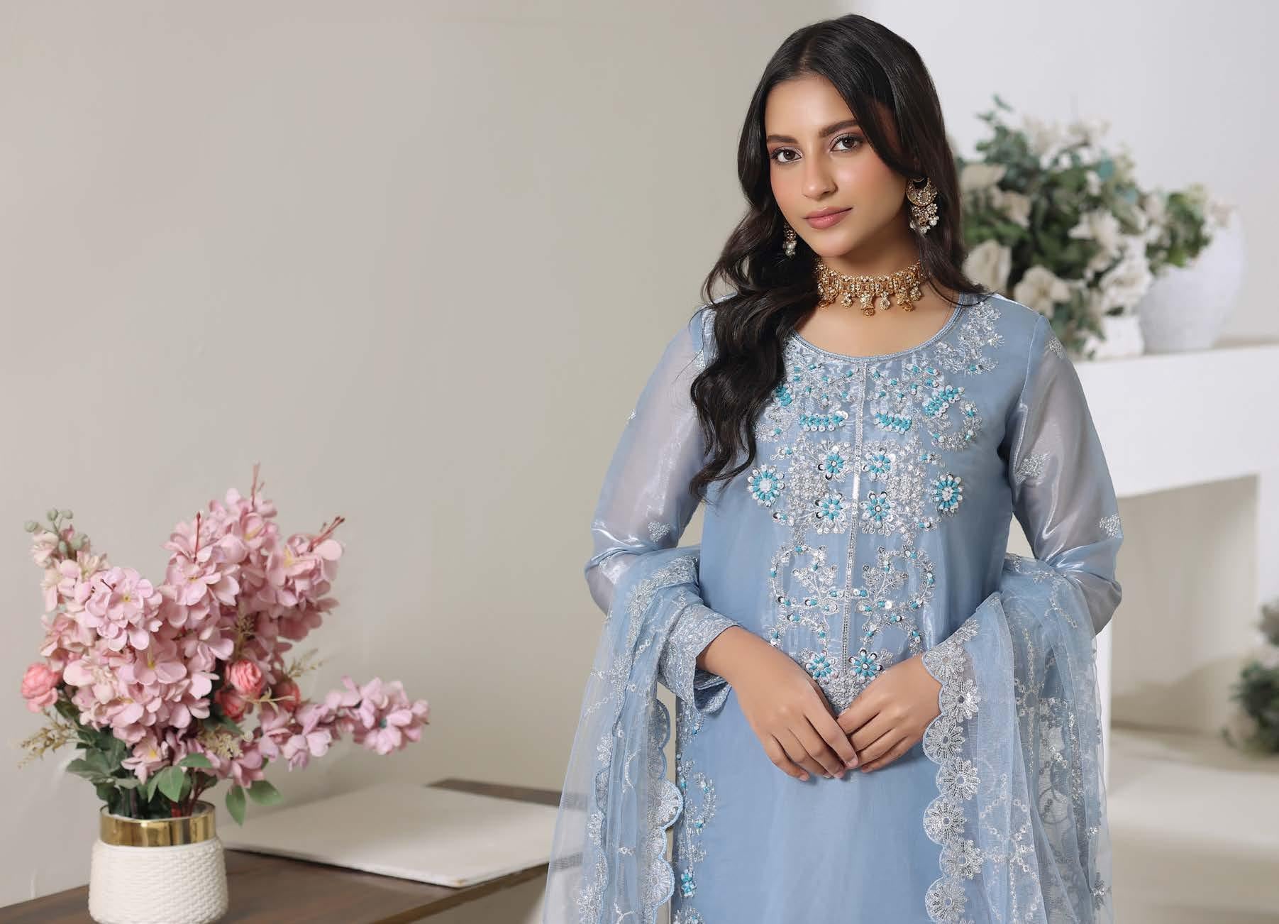 HSN-4337 Luxury Embroidered Silk Suit | 3 Piece Unstitched Blue Mist