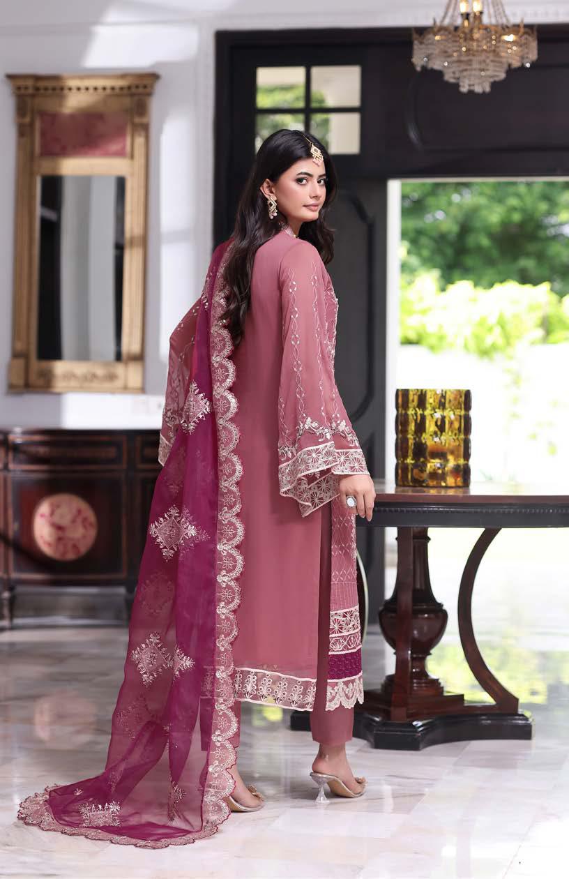ANZ-2013 Exclusive Chiffon Embroidered | Unstitched Pink