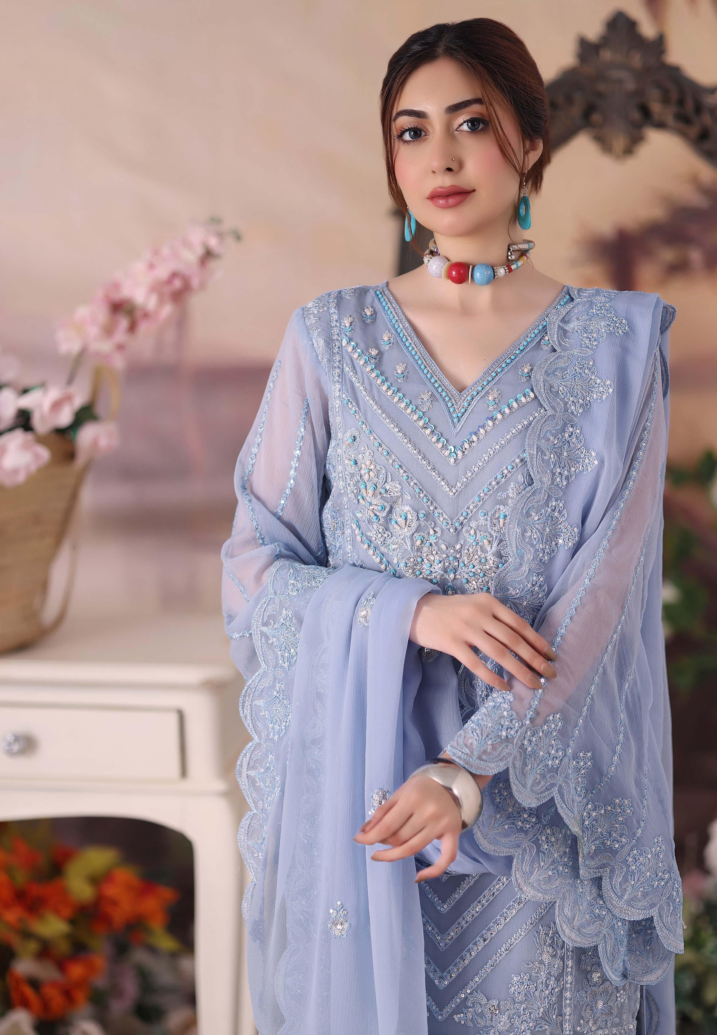 ZRP-7227 Luxury Premium Chiffon Embroidered | Unstitched Blue Haze