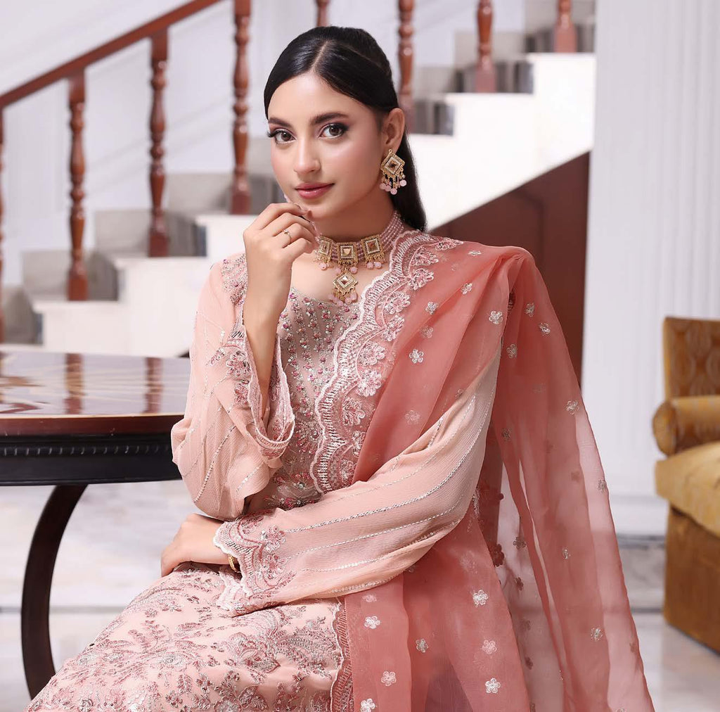 ANZ-2014 Exclusive Chiffon Embroidered | Unstitched Peach