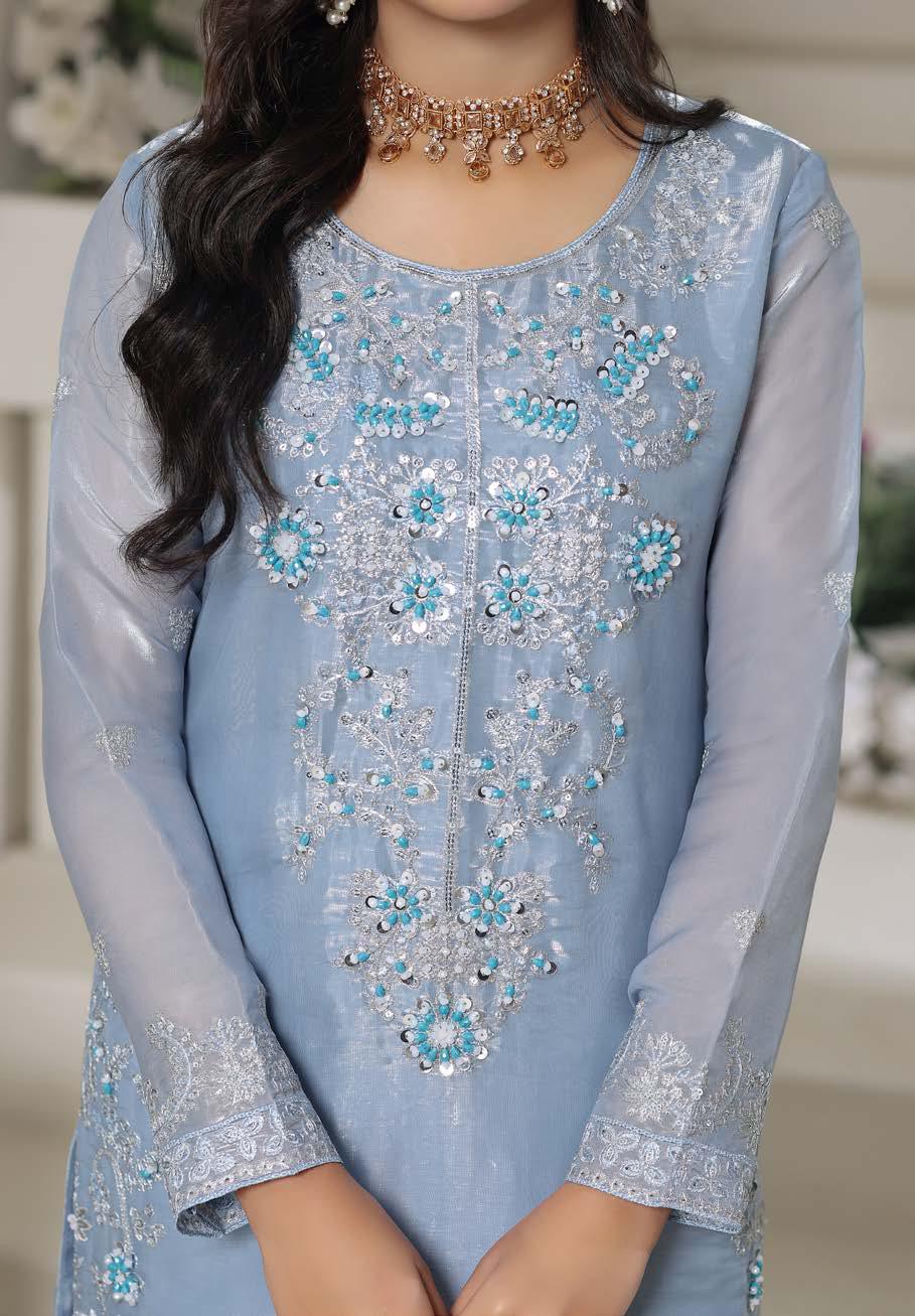 HSN-4337 Luxury Embroidered Silk Suit | 3 Piece Unstitched Blue Mist