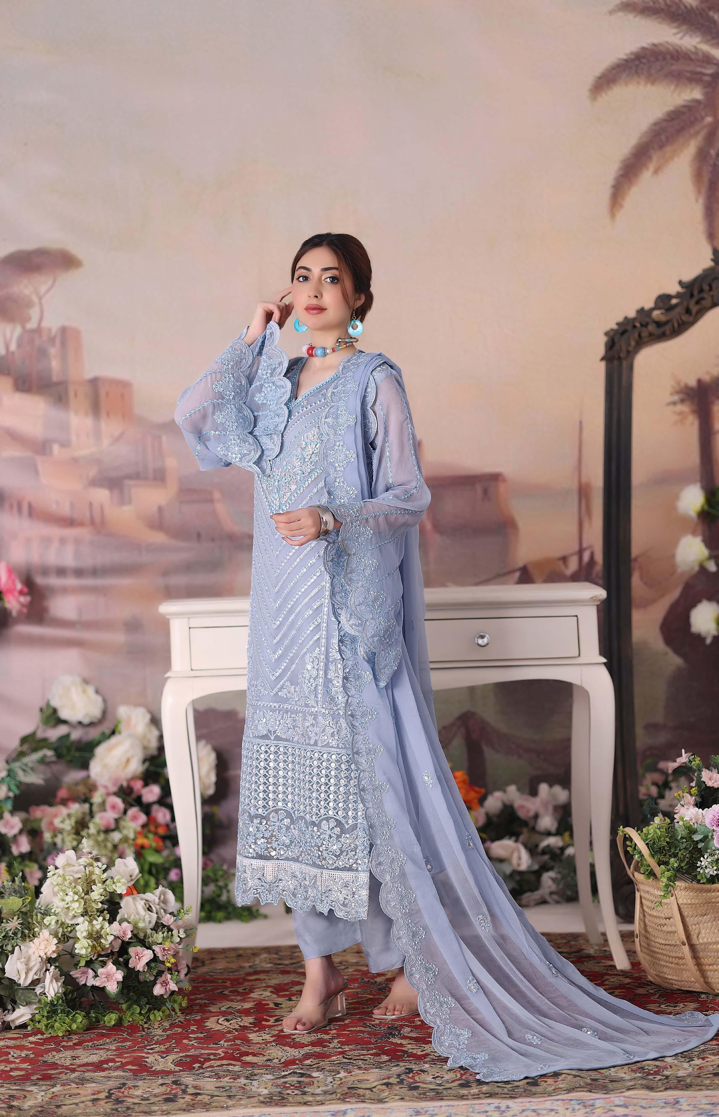 ZRP-7227 Luxury Premium Chiffon Embroidered | Unstitched Blue Haze