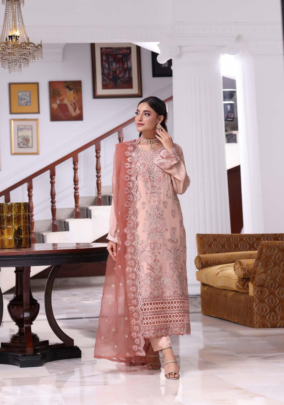ANZ-2014 Exclusive Chiffon Embroidered | Unstitched Peach