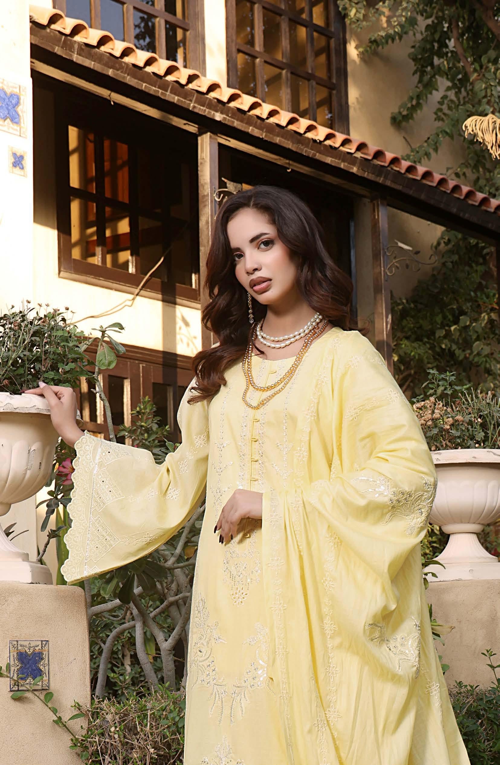 HN-3332 Luxury Embroidered Lawn Suit | 3 Piece Unstitched Daisy Yellow