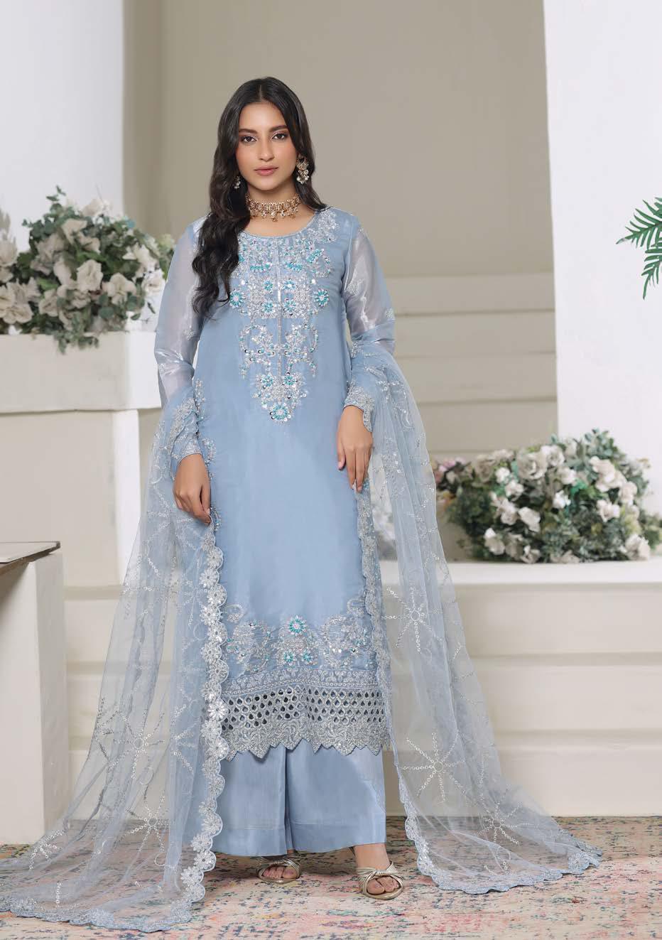 HSN-4337 Luxury Embroidered Silk Suit | 3 Piece Unstitched Blue Mist