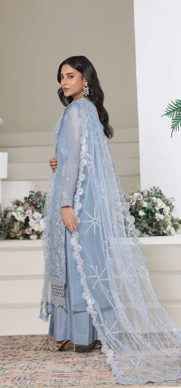 HSN-4337 Luxury Embroidered Silk Suit | 3 Piece Unstitched Blue Mist