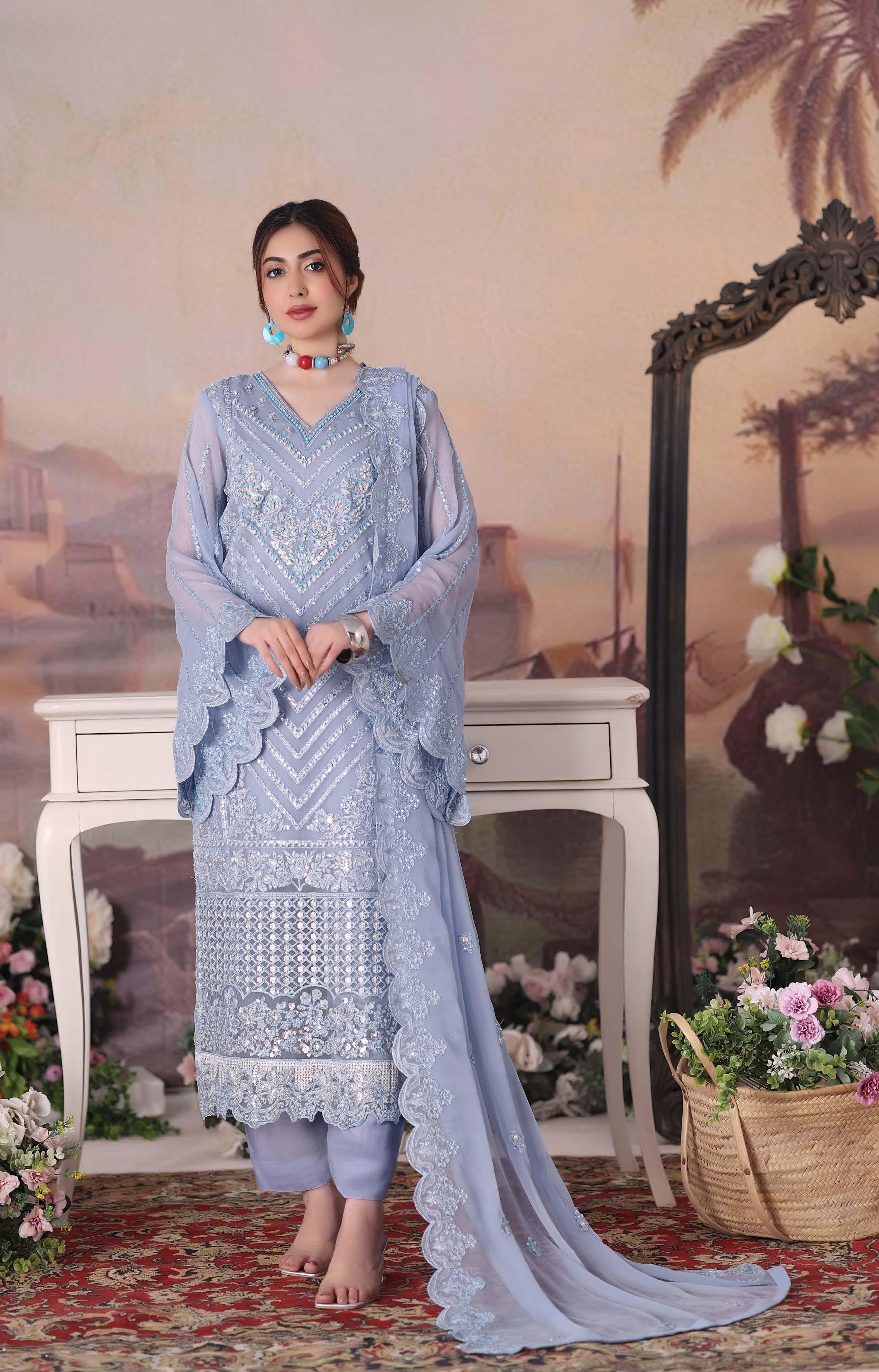 ZRP-7227 Luxury Premium Chiffon Embroidered | Unstitched Blue Haze