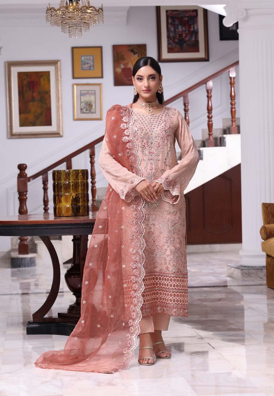 ANZ-2014 Exclusive Chiffon Embroidered | Unstitched Peach