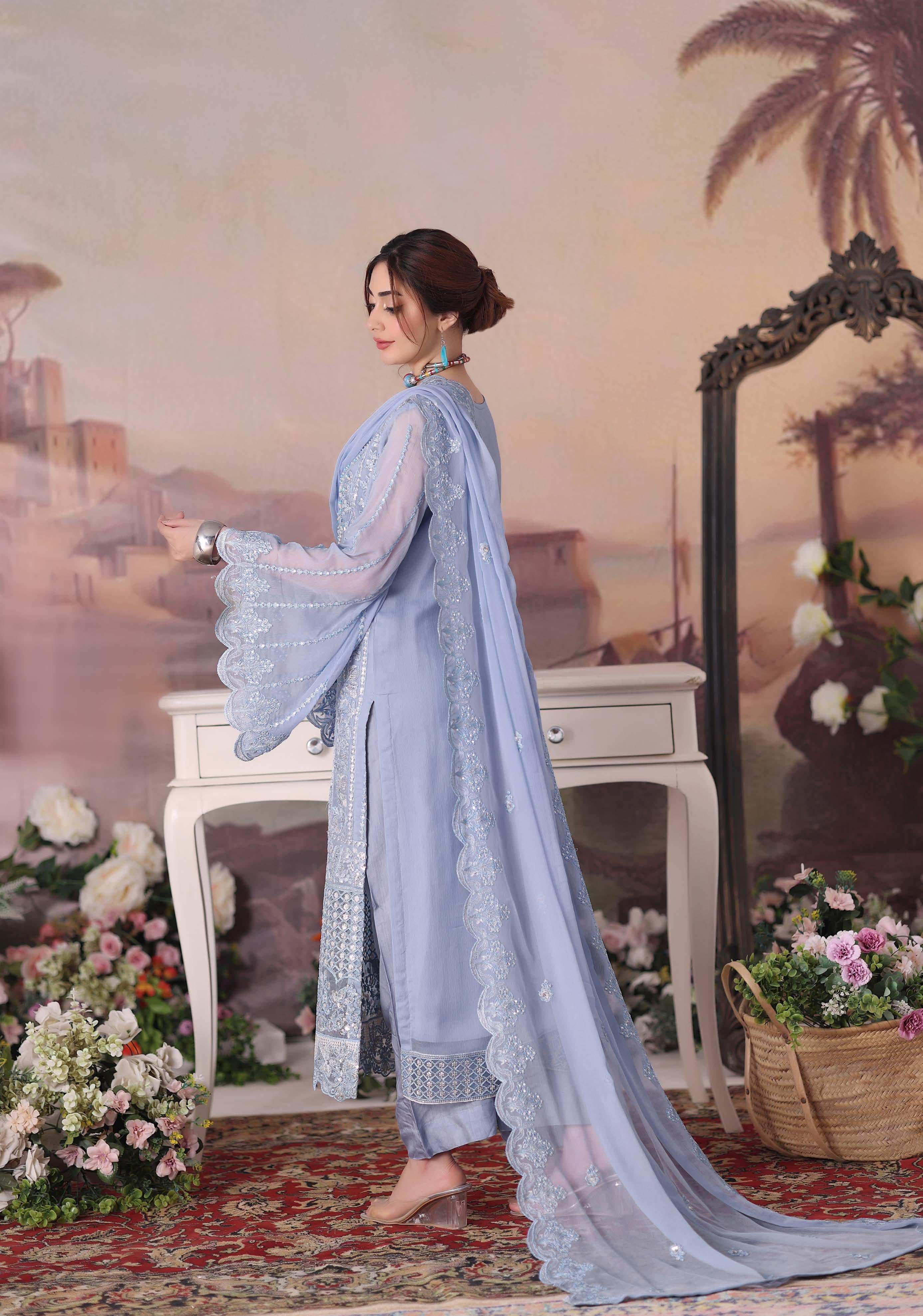 ZRP-7227 Luxury Premium Chiffon Embroidered | Unstitched Blue Haze
