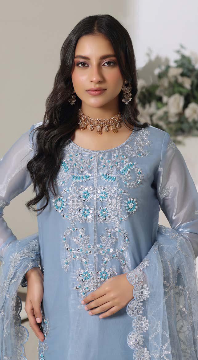 HSN-4337 Luxury Embroidered Silk Suit | 3 Piece Unstitched Blue Mist