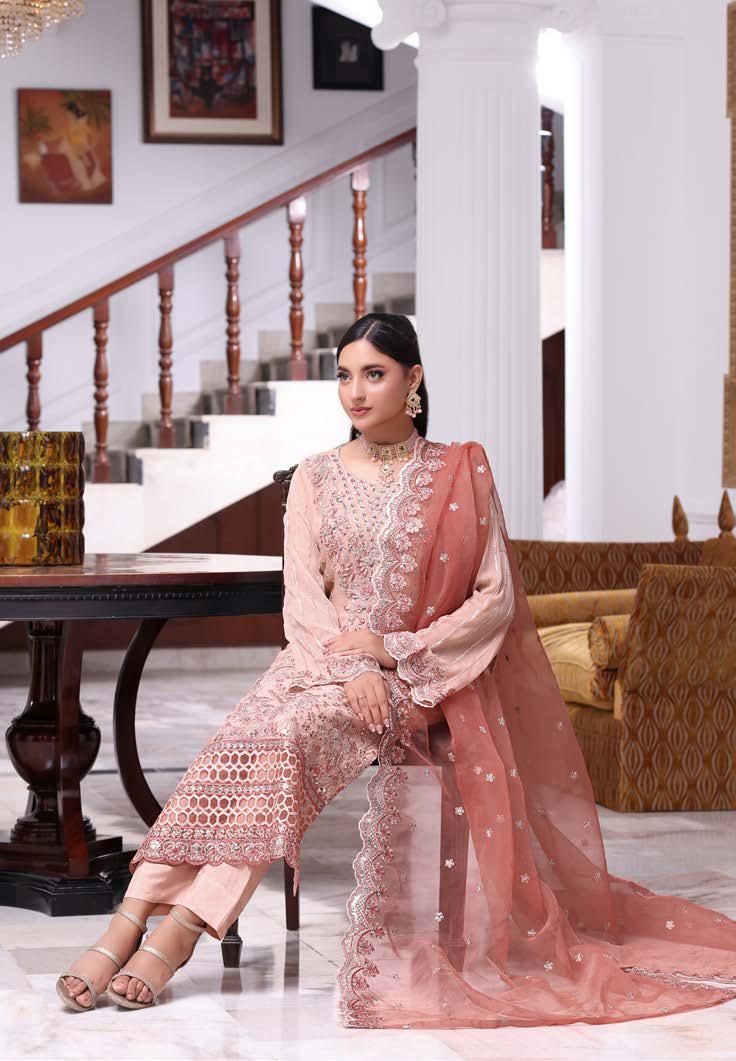 ANZ-2014 Exclusive Chiffon Embroidered | Unstitched Peach