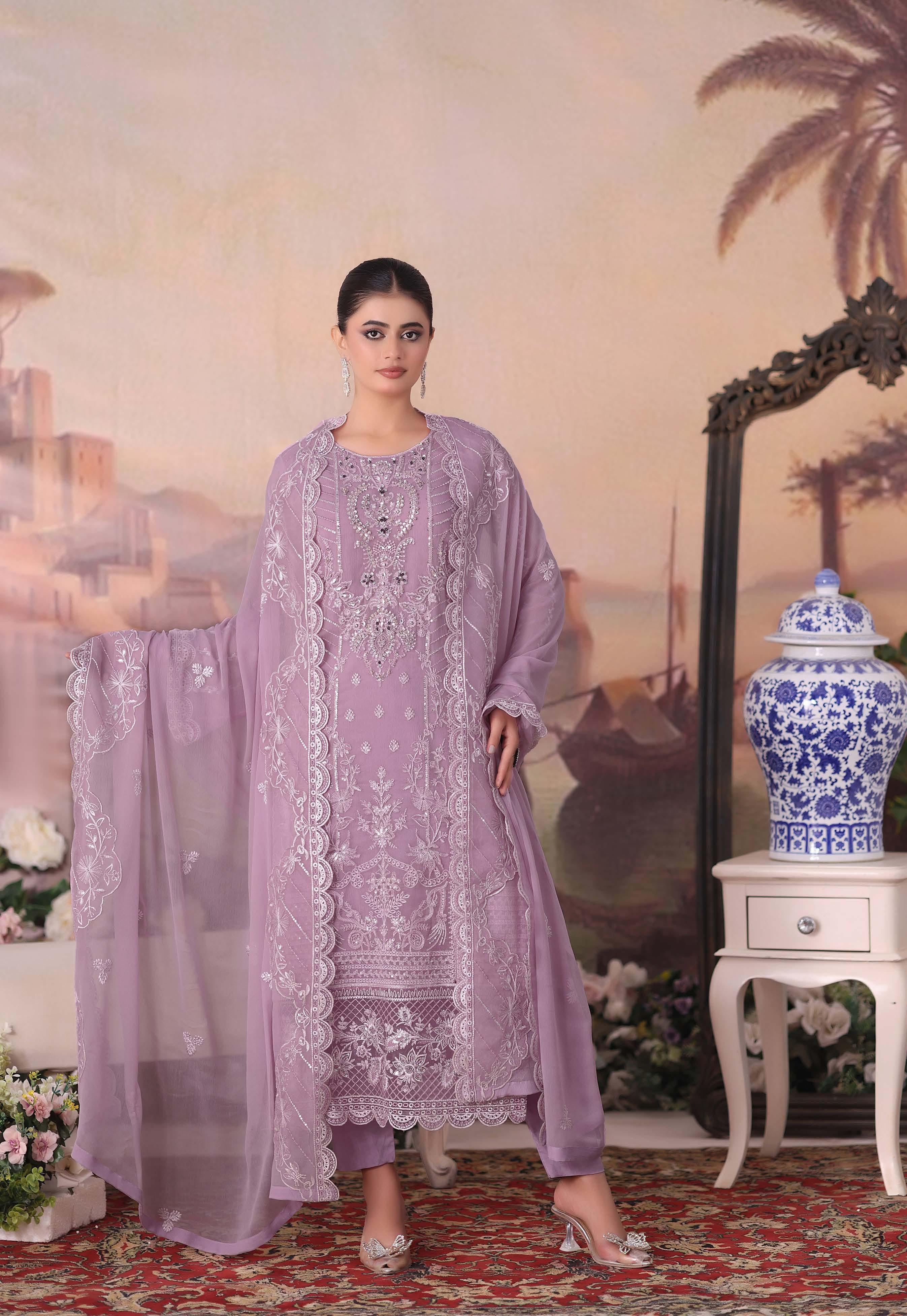 ZRP-7229 Luxury Premium Chiffon Embroidered | Unstitched Pink