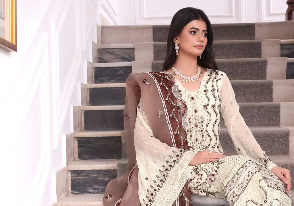 ANZ-2015 Exclusive Chiffon Embroidered | Unstitched Cream