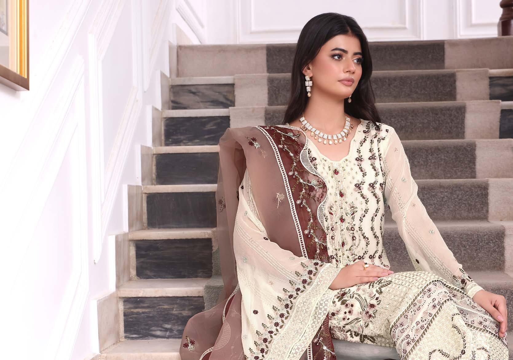ANZ-2015 Exclusive Chiffon Embroidered | Unstitched Cream
