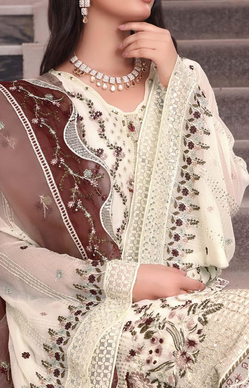 ANZ-2015 Exclusive Chiffon Embroidered | Unstitched Cream