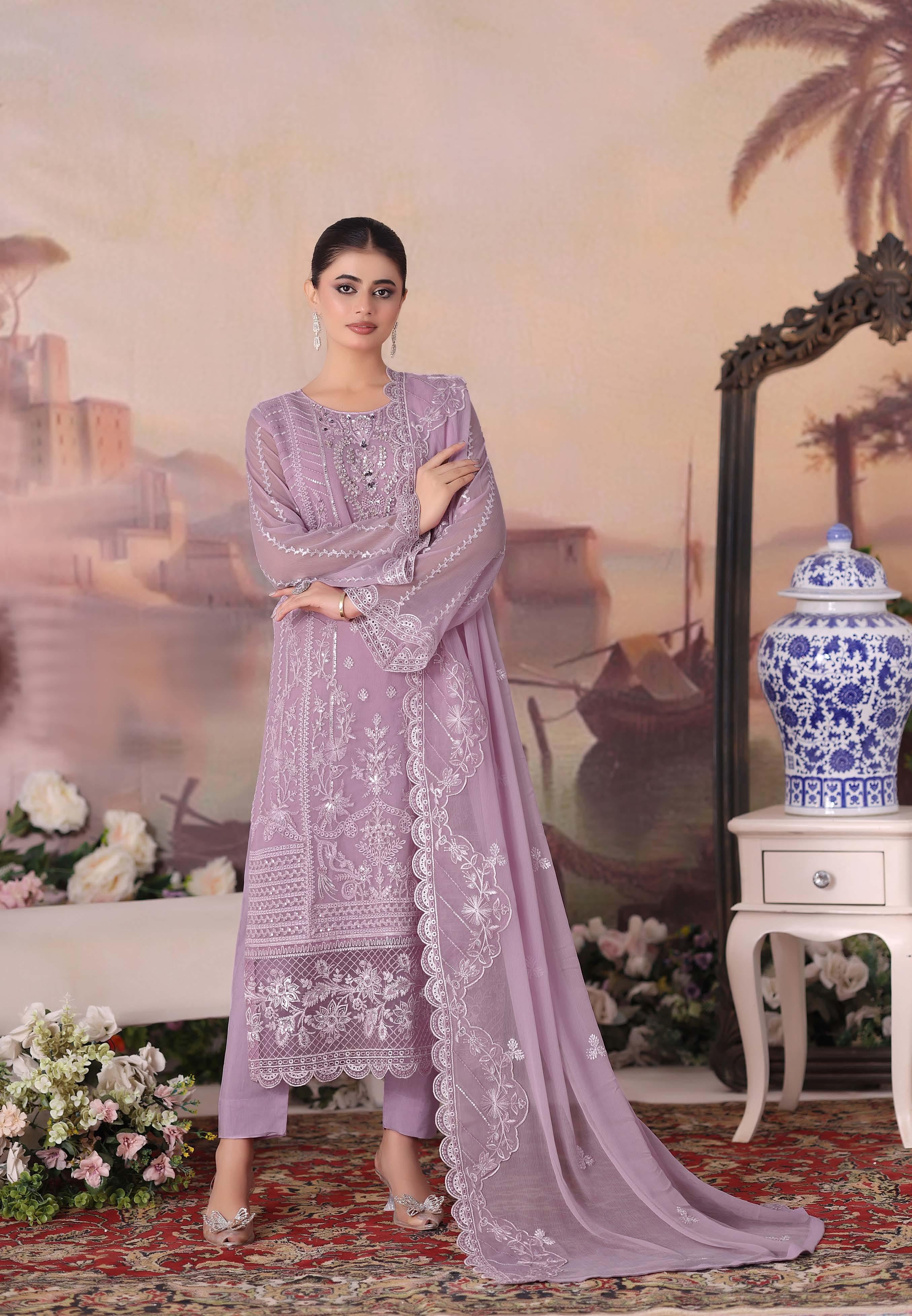ZRP-7229 Luxury Premium Chiffon Embroidered | Unstitched Pink