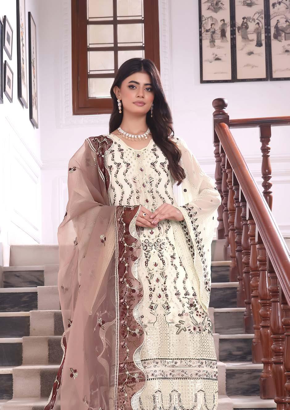 ANZ-2015 Exclusive Chiffon Embroidered | Unstitched Cream