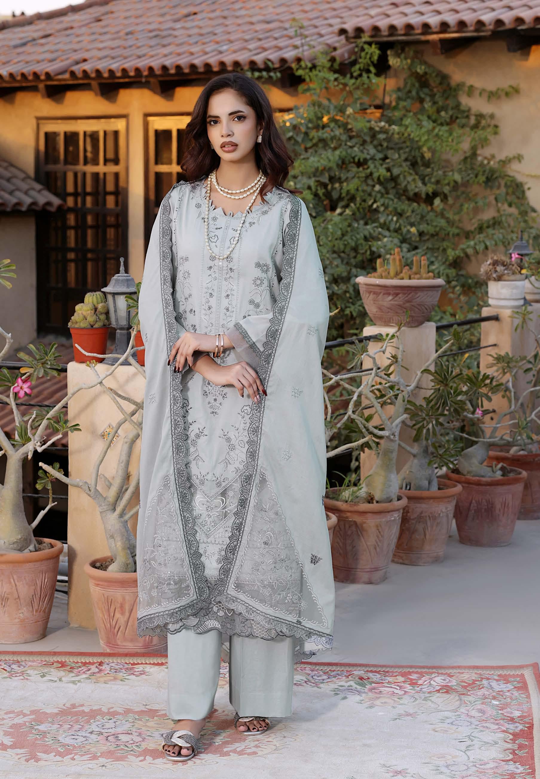 HN-3333 Luxury Embroidered Lawn Suit | 3 Piece Unstitched French Grey