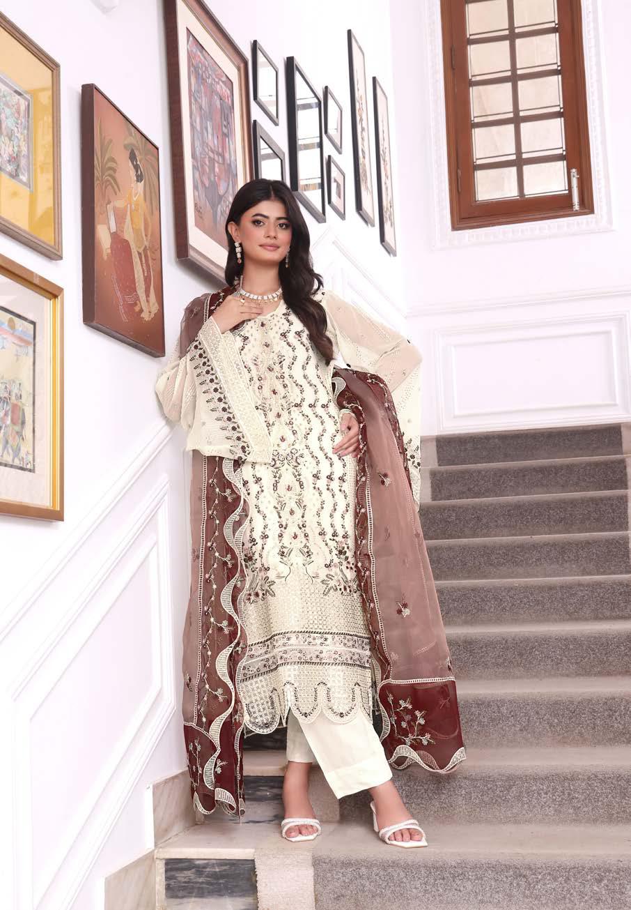 ANZ-2015 Exclusive Chiffon Embroidered | Unstitched Cream