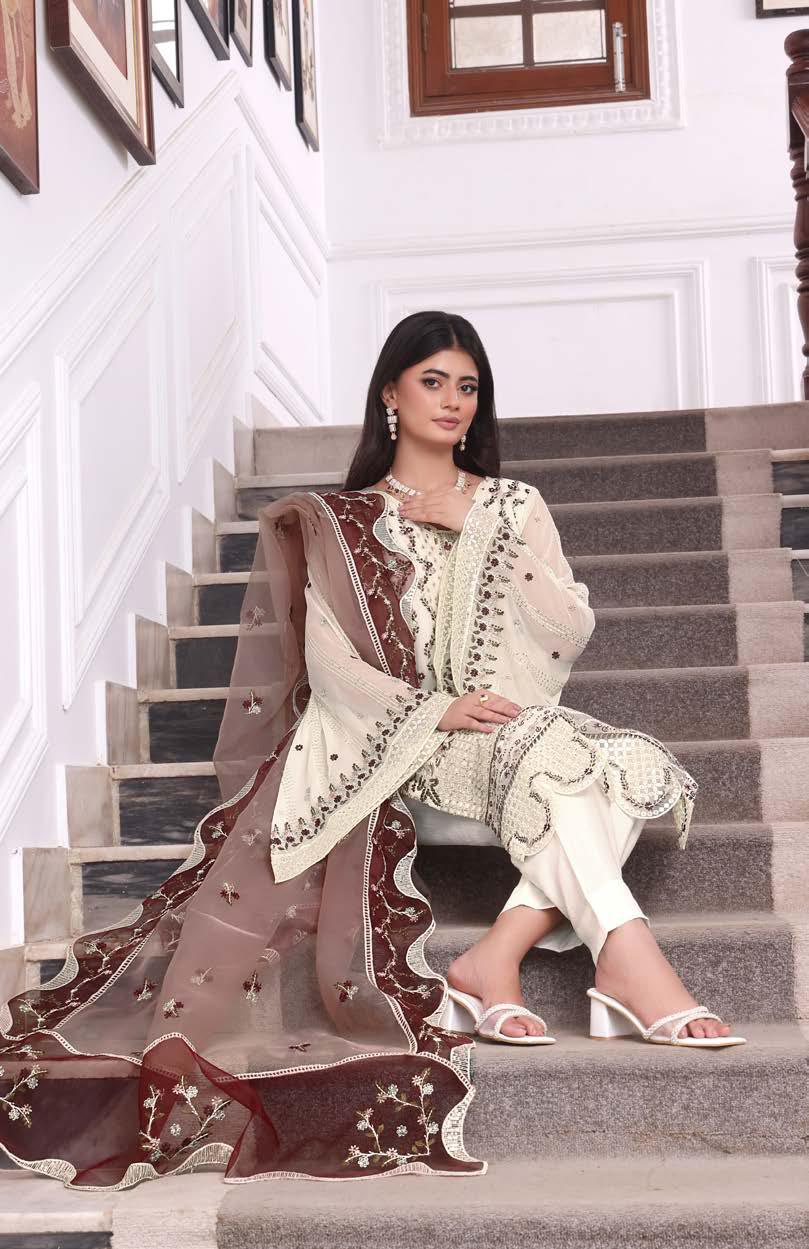 ANZ-2015 Exclusive Chiffon Embroidered | Unstitched Cream