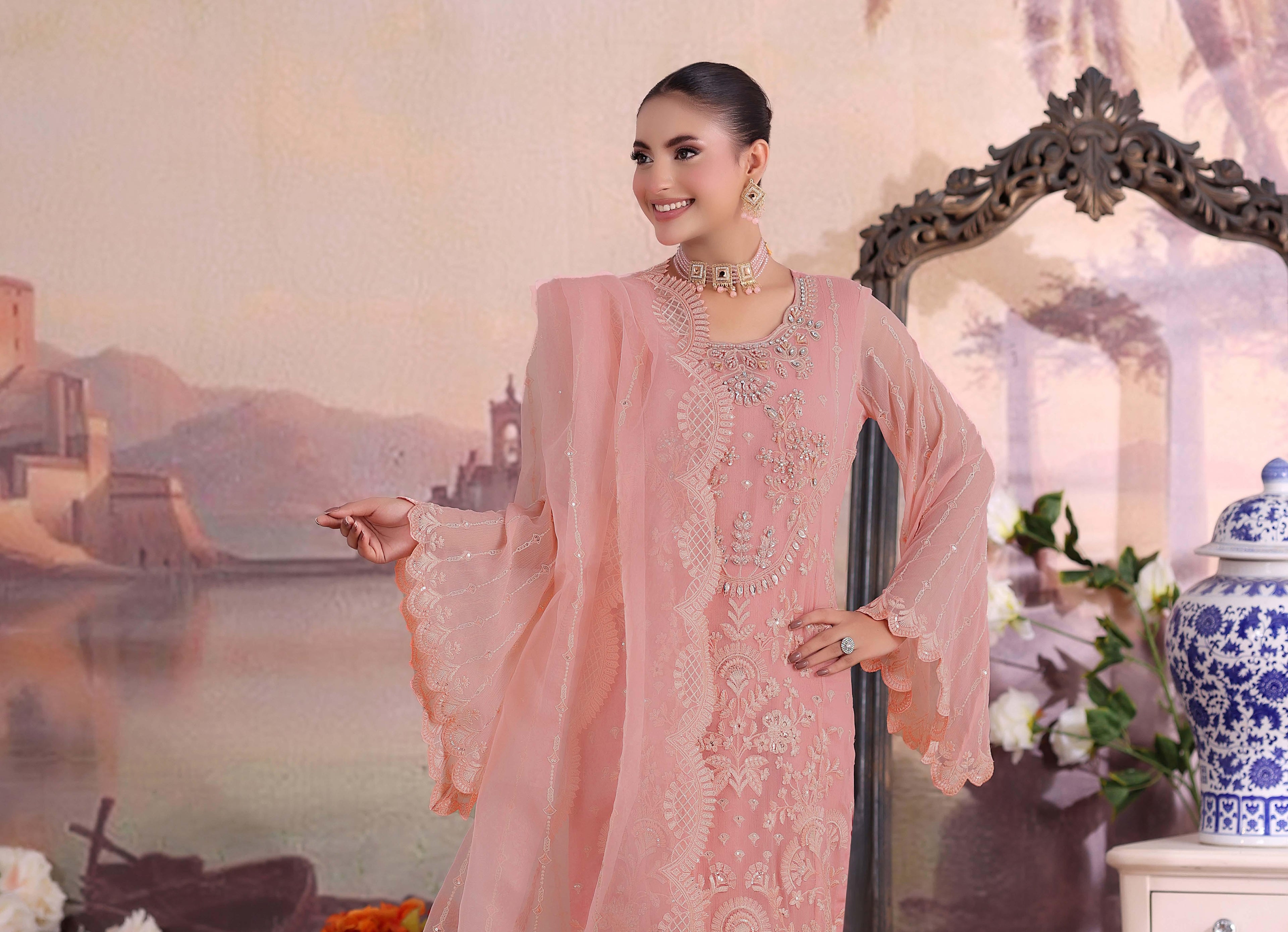 ZRP-7228 Luxury Premium Chiffon Embroidered | Unstitched Tea pink