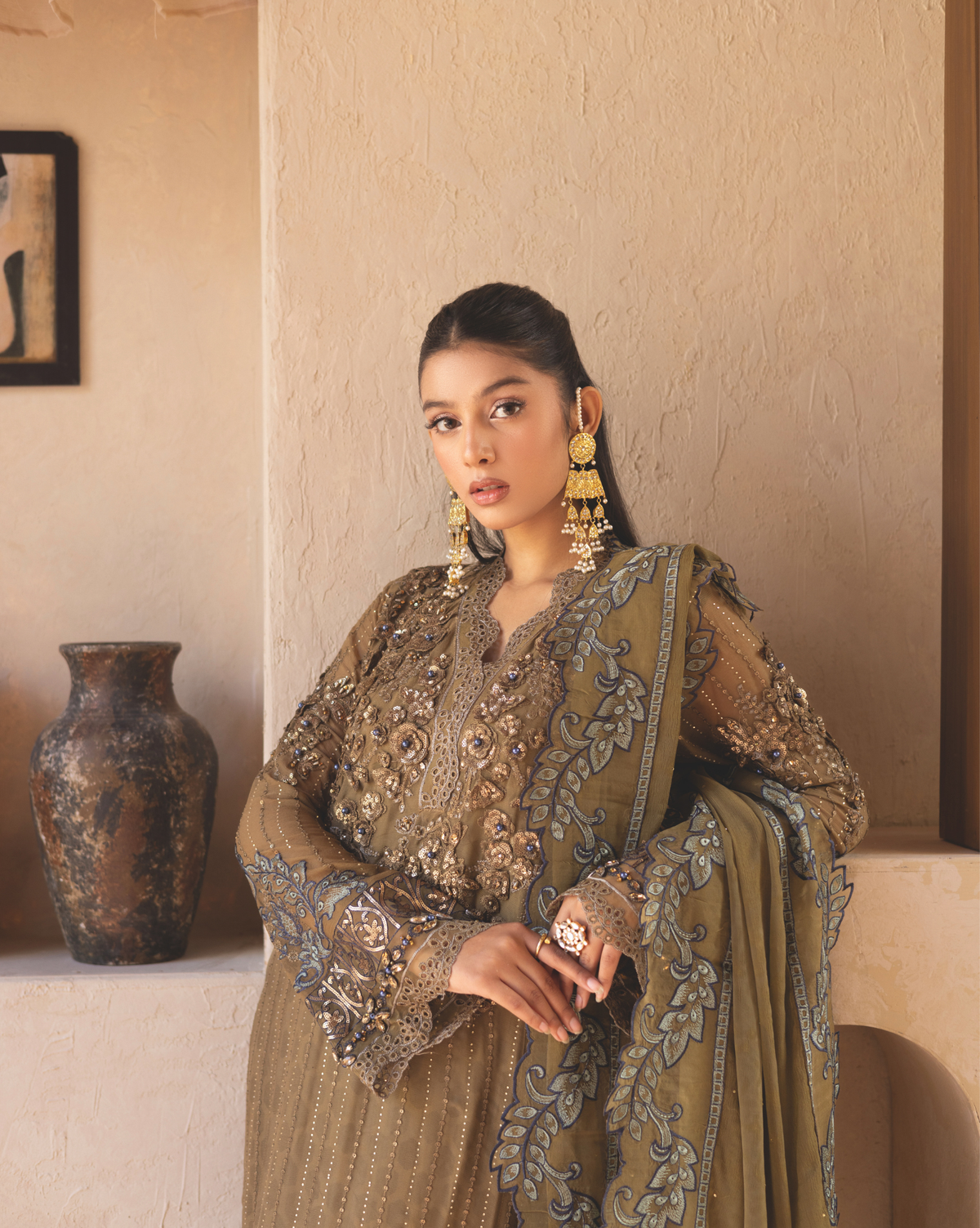 Maria.b Zysha Luxury chiffon Embroidered & Embellished | Unstitched Pickle gold Green